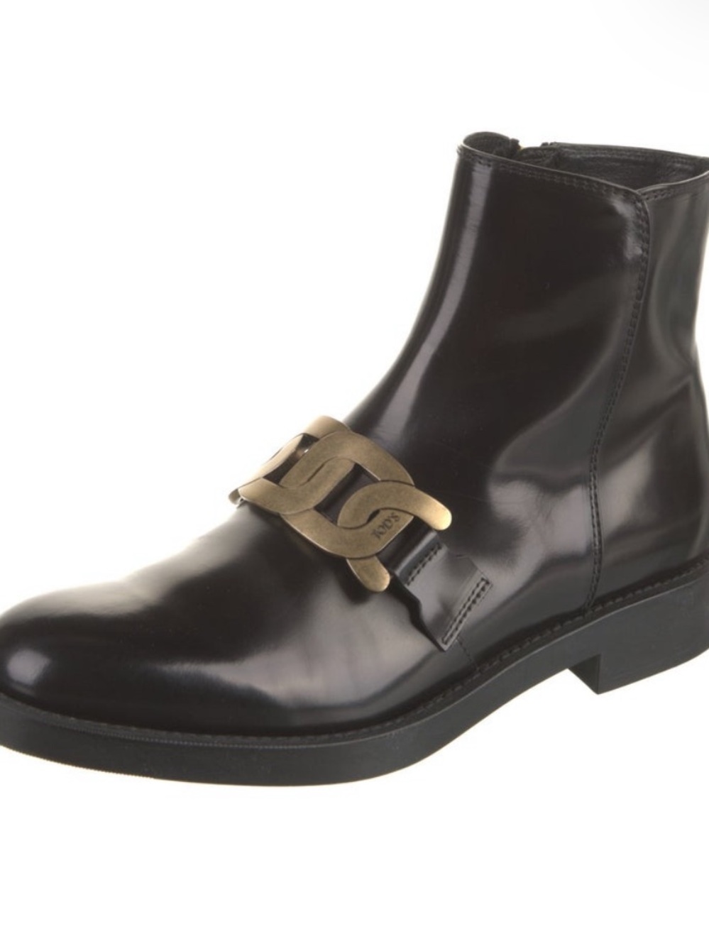Tod's Black Patent Leather Ankle Boots with Gold-Link Accent